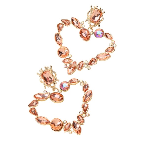 Jewelry - Peach Crystal Heart Statement Earrings – Gold-Tone Drop Design